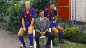 (L-R) Ronald Koeman, coach Johan Cruijff and Michael Laudrup of Barcelona prior to the friendly match against SVV on August 3, 1989 at Schiedam, The Netherlands. (Photo by VI Images via Getty Images)